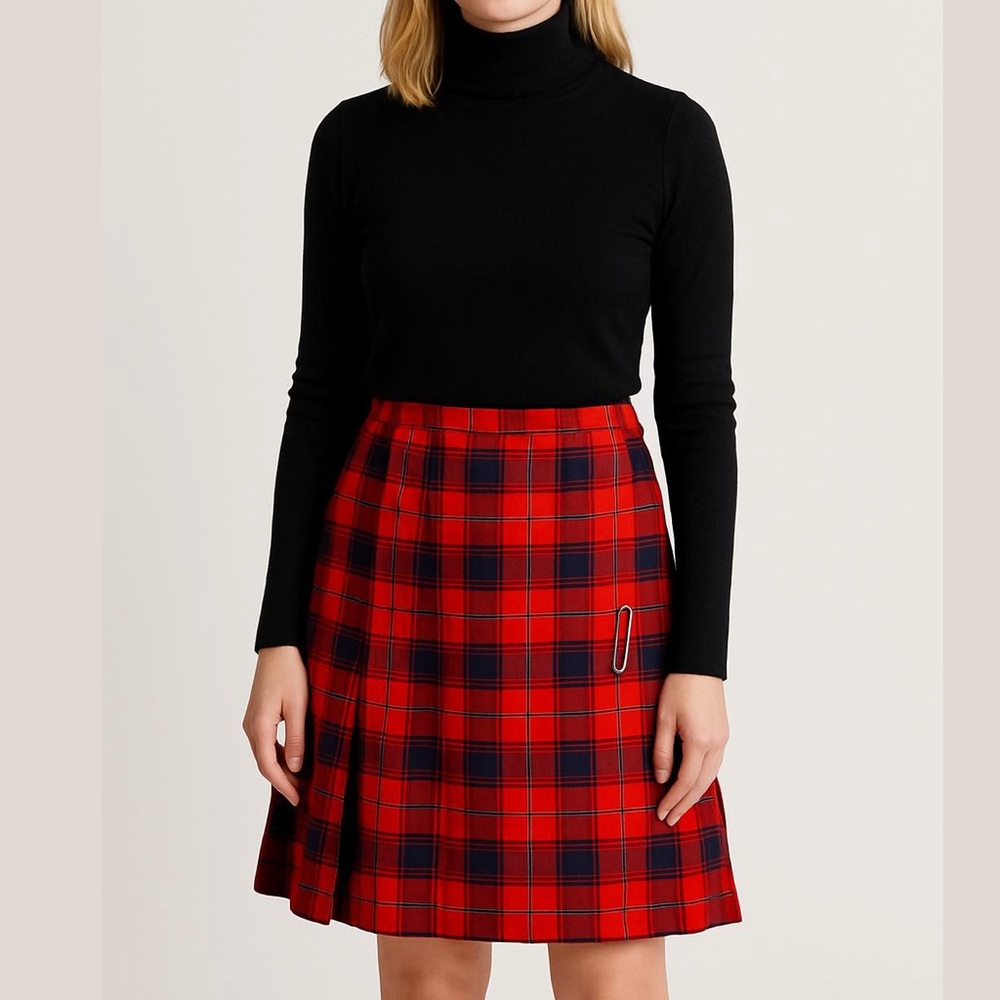 Highland Queen Classic Red Navy Tartan Plaid Wrap Wool Pleated Skirt Kilt Sz S